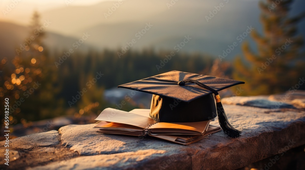 A graduation cap on top of a book. Generative AI - obrazy, fototapety, plakaty 