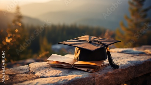 A graduation cap on top of a book. Generative AI
