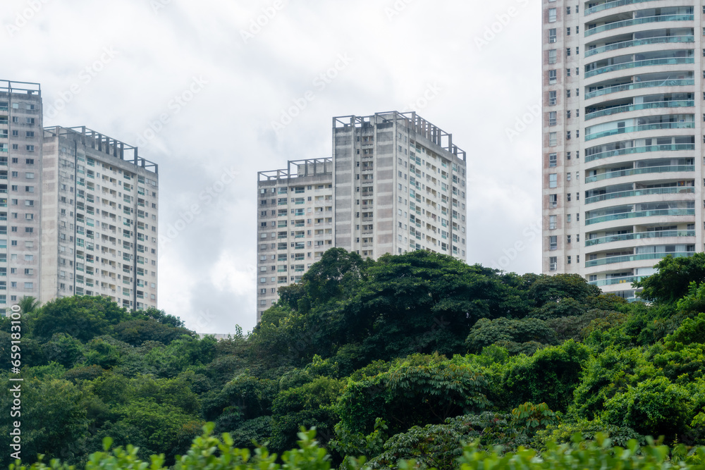 View of tall residential buildings in an upscale neighborhood in the city of Salvador, Bahia.