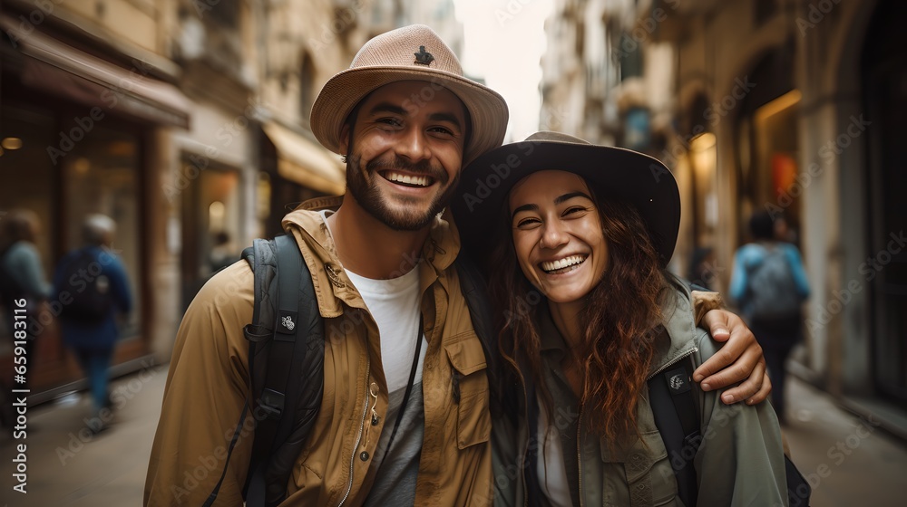 Smiling Young Traveler Couple Enjoying City Life Outdoors Smiling Young Traveler Couple Enjoying City Life Outdoors