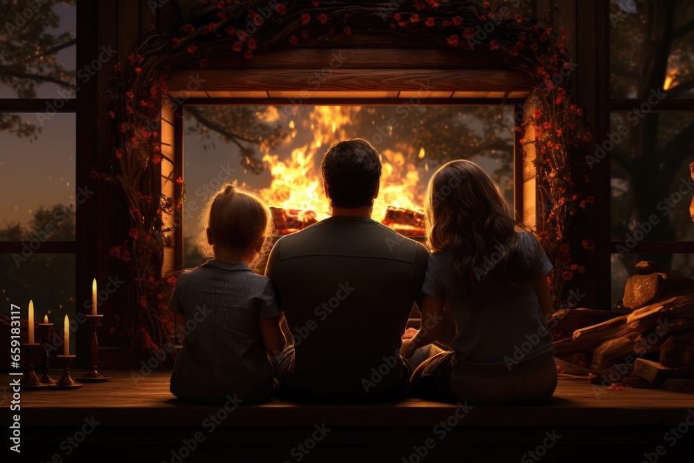 Christmas, family gathered to celebrate the holiday of Christmas, giving gifts, sitting by the fireplace, Christmas interior decorations. Winter atmosphere, warm attitude, carefree feeling