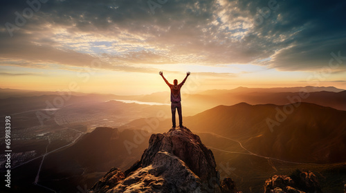 A joyful man is celebrating on the summit of a mountain, with his arms raised in the air