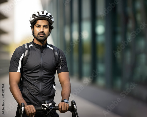 Mixed race man in cycling helmet riding the bicycle in city - commuting to work concept. Generative AI