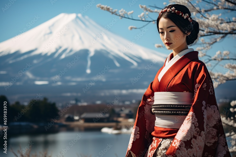 traditional Japanese dress and Mount Fuji in the background traditional Japanese dress and Mount Fuji in the background