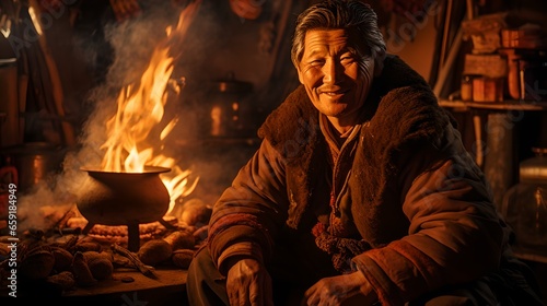 Winter Cookout: Smiling Ethnic Man Enjoying Campfire Meal Outdoors