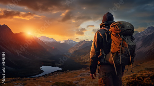 A hiker, adorned with a backpack, trekking through the mountains during a sunset, seen from behind