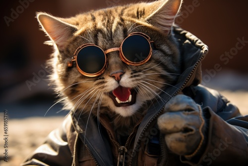 cats portrait with sunglasses  Funny animals in a group together looking at the camera  wearing clothes  having fun together  taking a selfie  An unusual moment full of fun and fashion consciousness.