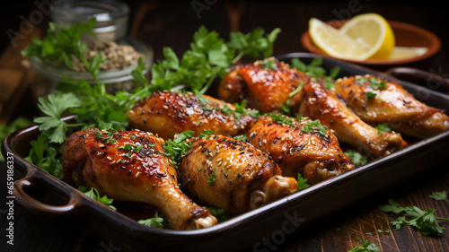 Baked chicken legs in white bowl