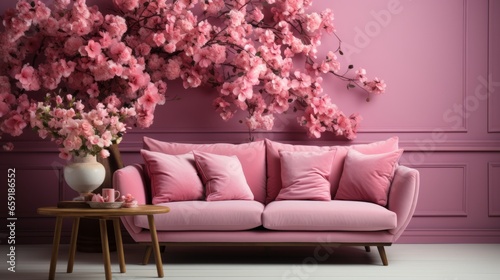 A pink couch in a room with flowers on the wall. Generative AI © ProVector