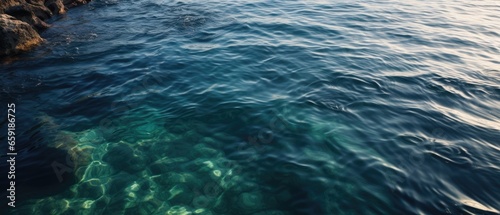 Detailed photograph of the serene ocean, reef, morning glow, and dark grey olive blue tones