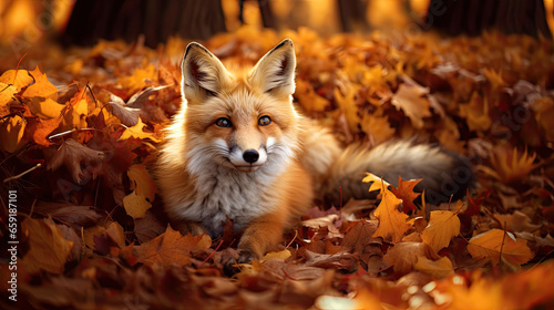 Beautiful fox is in autunm forest. For greeting cards, banners, covers, wallpapers and other projects about autumn.