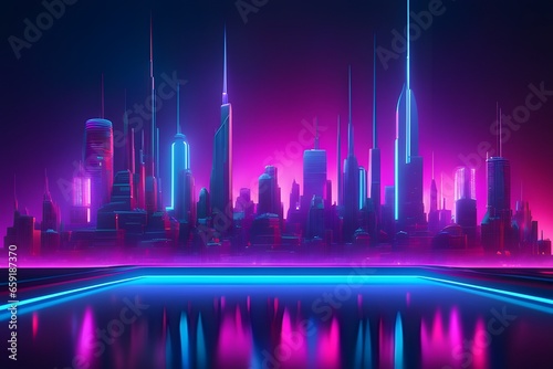 Illustration of a neon city with skyscrapers.