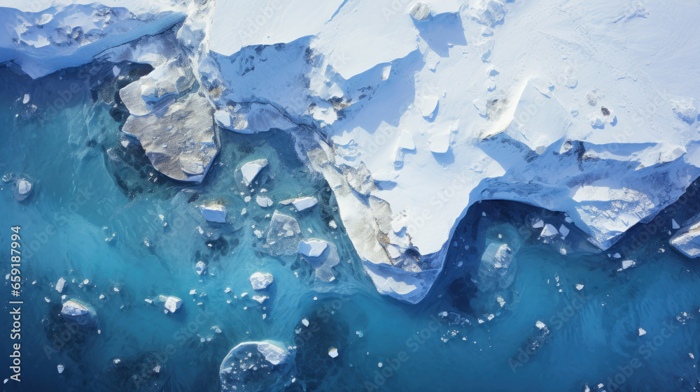 Aerial top view of ice coast in Antarctica, glacier in frozen sea, - obrazy, fototapety, plakaty 