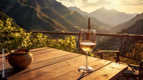 A glass of wine rests on a wooden table set amidst the mountainous terrain