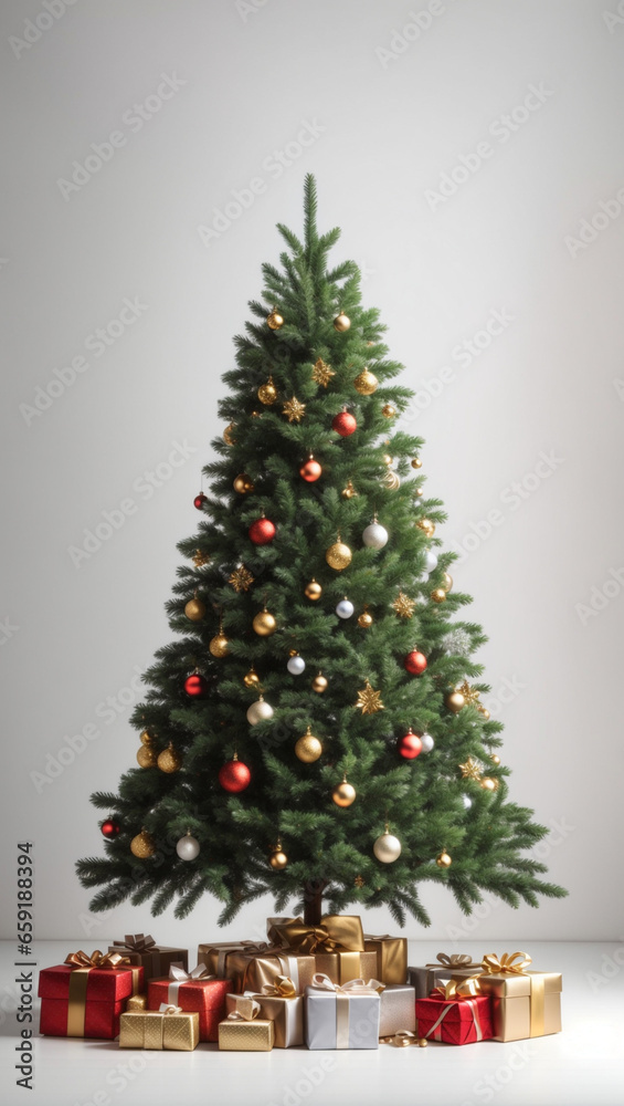 Christmas tree over white background. Backdrop with copy space