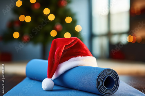 Wallpaper Mural Close up of yoga mat with Santa Clause hat with home decorated for Christmas, New Year