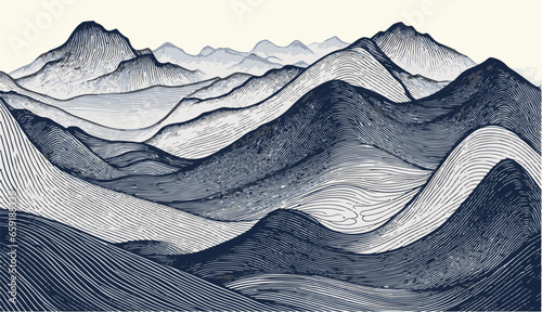 Abstract Mountain Wave Line Artwork Print. Vector Illustrations of Contemporary Aesthetic with Stunning Mountain Scenery.