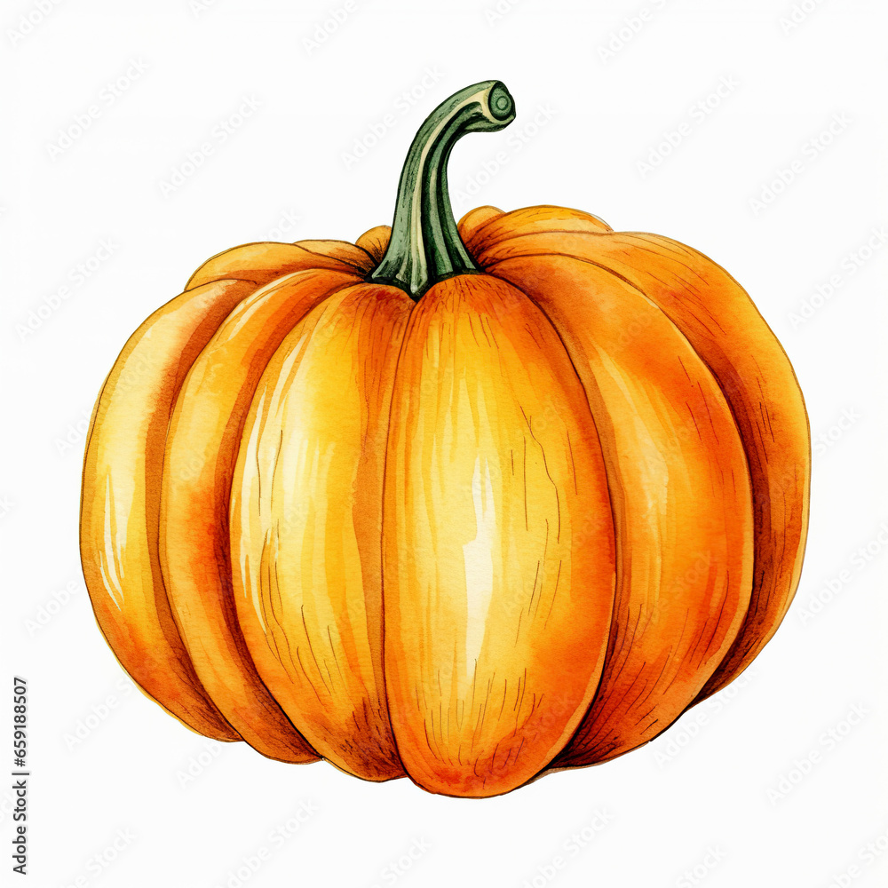 Obraz premium Pumpkin isolated on white background. Hand drawn watercolor illustration. Halloween traditional vegetable, Thanksgiving harvest decoration element.