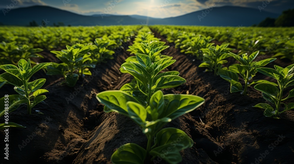 Aerial view of a farm with precision-planted rows. Generative AI Aerial view of a farm with precision-planted rows. Generative AI