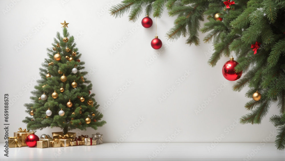 Christmas tree over white background. Backdrop with copy space