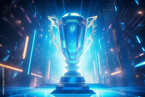 A esports concept trophy for an esports tournament winner. The futuristic concept with neon and a podium. Generative ai photo