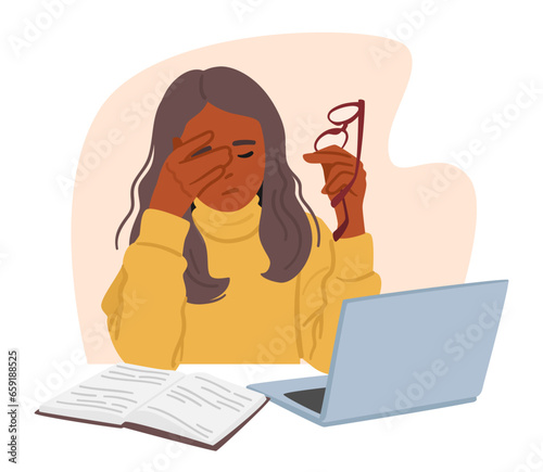 Young Woman Sits At A Desk Cluttered With A Computer, Paperwork, And Office Supplies. Female Character Rubs Tired Eyes