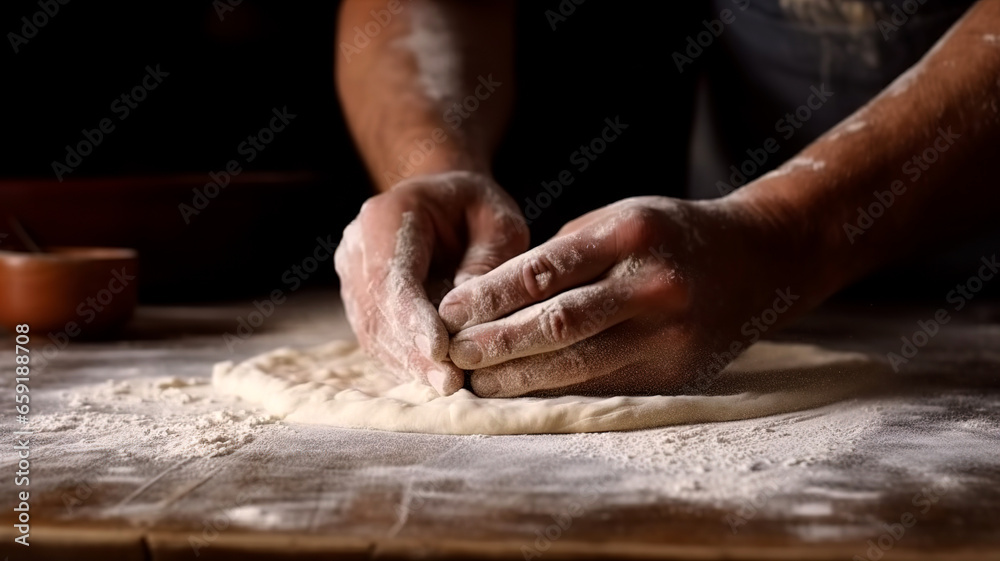 Male hands in flour on a wooden table. The process of preparing dough in the kitchen. Pasta dough kneading. Men hands sprinkle a dough with flour close up. Man preparing bread dough