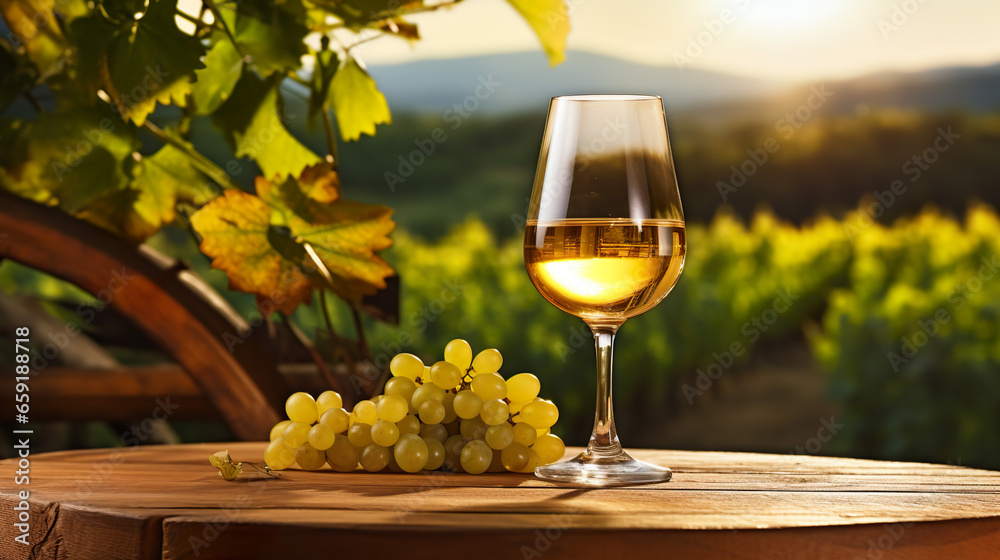 A glass of white wine resting on a barrel in a rustic countryside setting