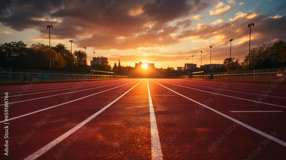 An empty running track with morning light. Generative AI An empty running track with morning light. Generative AI