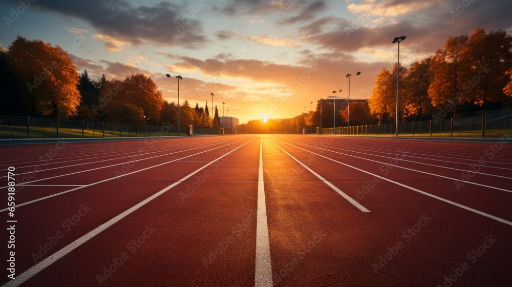 An empty running track with morning light. Generative AI An empty running track with morning light. Generative AI