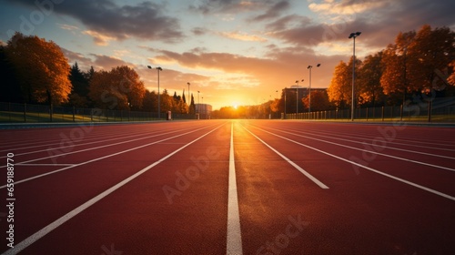 An empty running track with morning light. Generative AI