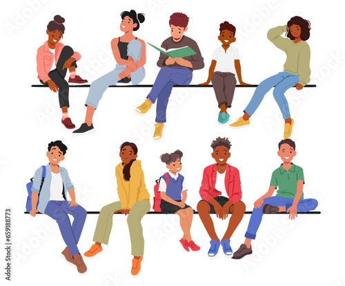 Happy Kids Characters Sitting On A Perch, Immersed In Joyful Conversation or Reading, Their Smiles Radiate Happiness