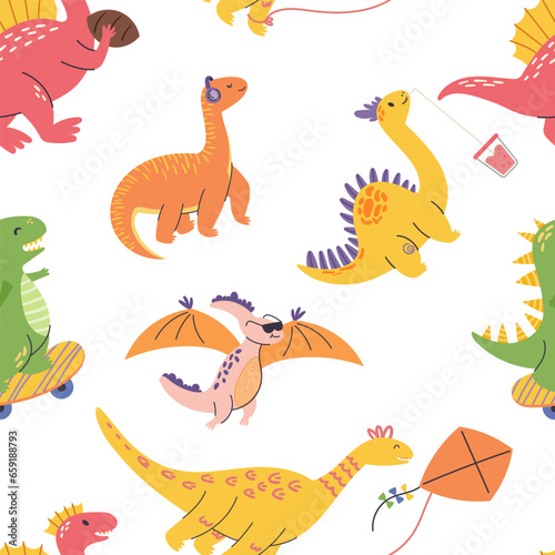 Vibrant And Playful Seamless Pattern Featuring Adorable Dinosaurs In Various Poses And Colors  Perfect For Children