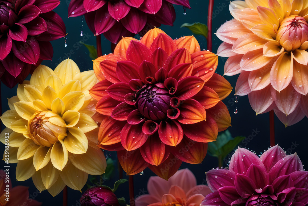 Fototapeta premium Colorful dahlia flowers background. Generative ai