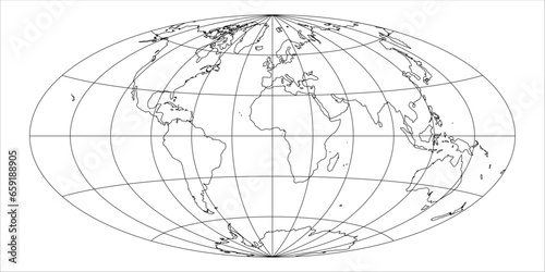 Simplified Map of World with latitude and longitude grid. Aitoff projection. White land with black stroke. Vector illustration.