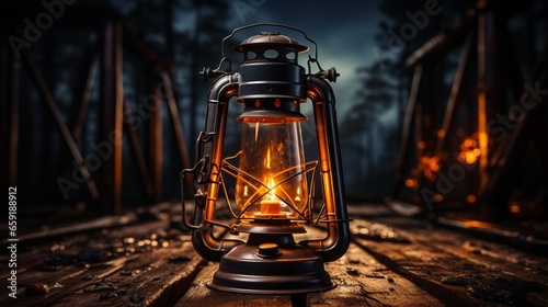 An old-fashioned lantern with a glowing flame an antiq. Generative AI