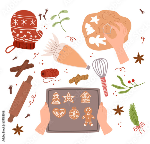 Cozy Kitchen Scene of Cookies Cooking Process. Hands Holding Tray with Gingerbread Bakery, Knitted Mitten