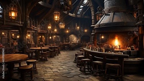 Ancient medieval building wooden tavern. Generative AI