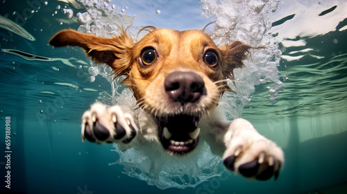 Portrait of happy dog in swimming pool with splashes of water. Excited dog in pool swimming and playing in the water. Funny photo of a puppy.
