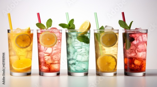 Array of colorful drinks with straws and mint leaves. Generative AI