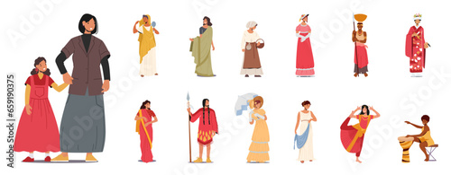 Set Female Characters Wearing Historical Costumes. Women Indian Dancer, Medieval Peasant, African, Victorian Lady