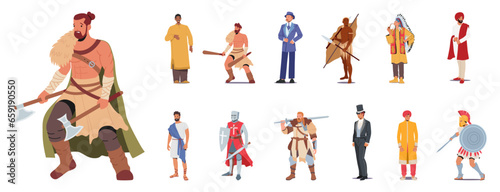 Set Of Male Characters Wear Historical Costumes. Viking, Barbarian And Native American Chief, Indian, Greek Or Roman