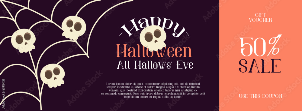 Halloween gift voucher. Commercial discount coupon with halloween elements. Vector illustration in cartoon style.