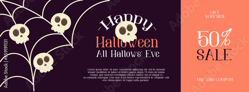 Halloween gift voucher. Commercial discount coupon with halloween elements. Vector illustration in cartoon style.