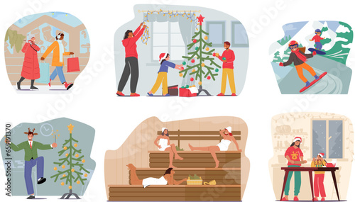 Set of Winter Activities. Family Characters Decorate Christmas Tree, Children Riding Snowboards, Girls Buying Gifts