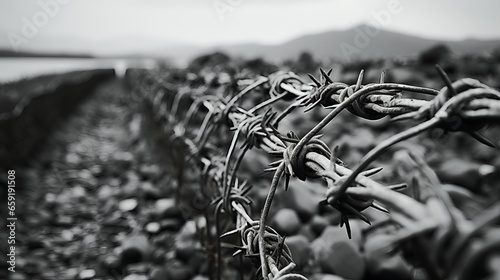 Black and white photo of a barbed wire fence. Generative AI