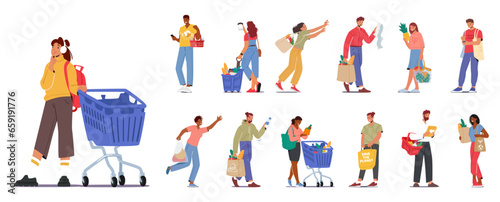 Set Diverse Group Of Male and Female Characters Happily Shopping For Groceries, Filling Their Carts With Fresh Produce