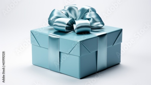 Blue gift box with a blue ribbon on a white background. Generative AI © ProVector