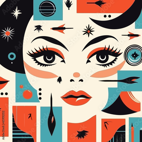 Retro-inspired makeup pattern, background, hand-drawn cartoon flat art Illustrations in minimalist vector style