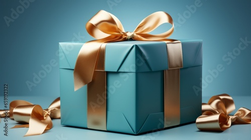 Blue gift box with a blue ribbon on a white background. Generative AI